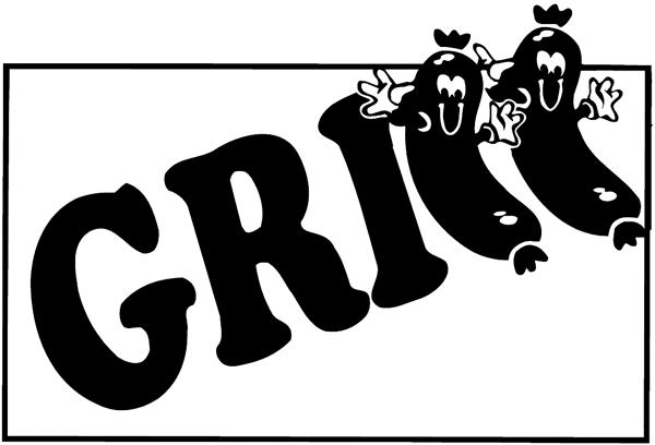 GRILL' lettering with two frankfurters for two of the letters vinyl sticker. Customize on line. Food Meals Drinks 040-0369